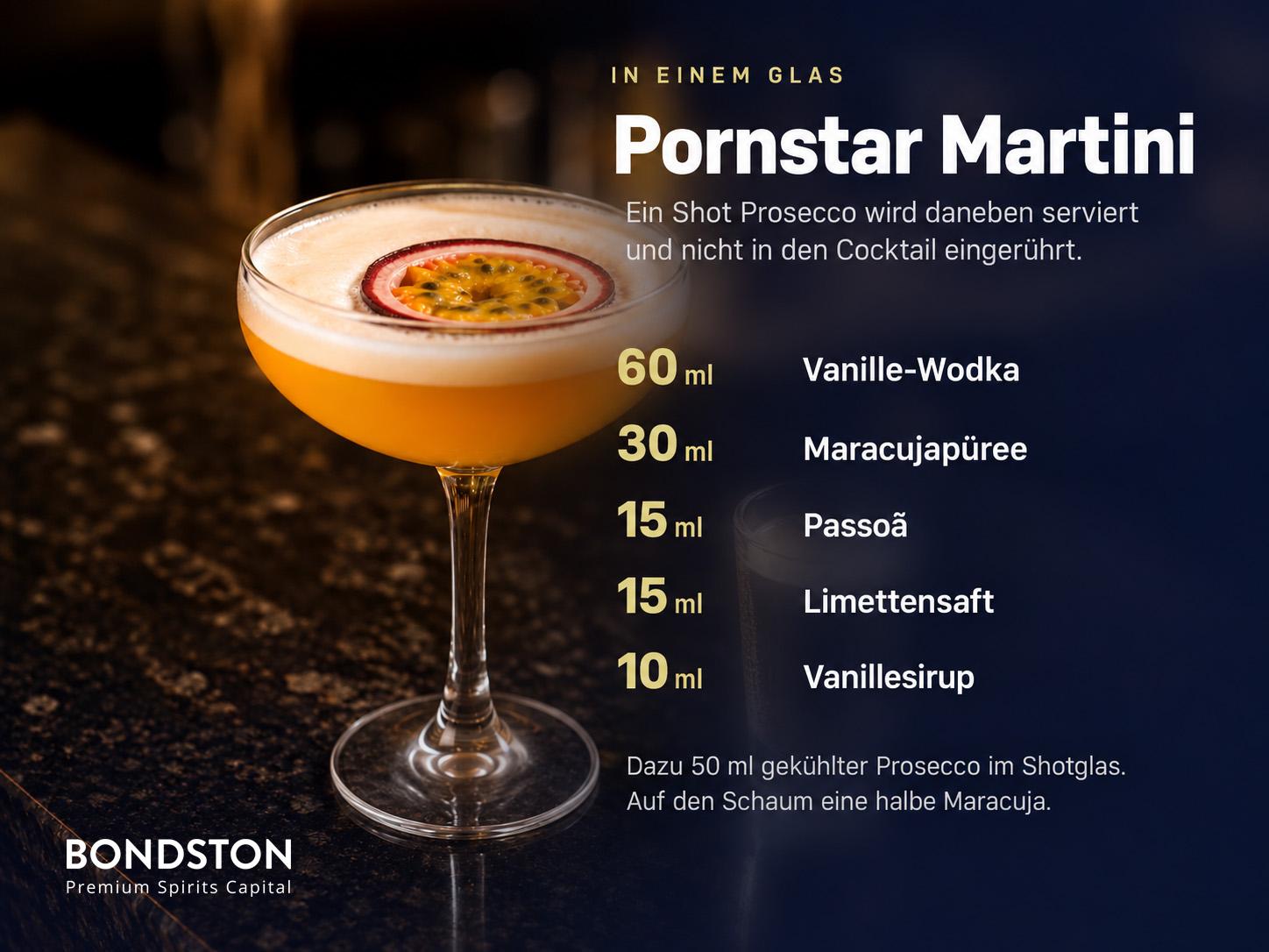 Rezeptkarte für Pornstar Martini: 60 ml Vanille-Wodka, 30 ml Passionsfruchtpüree, 15 ml Passoã, 15 ml Limettensaft und 10 ml Vanillesirup.