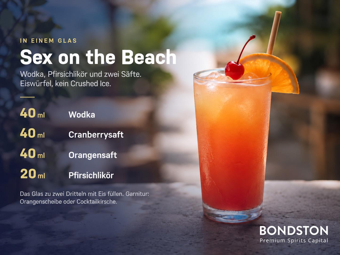 Rezeptkarte für Sex on the Beach: 40 ml Wodka, 40 ml Cranberrysaft, 40 ml Orangensaft und 20 ml Pfirsichlikör.