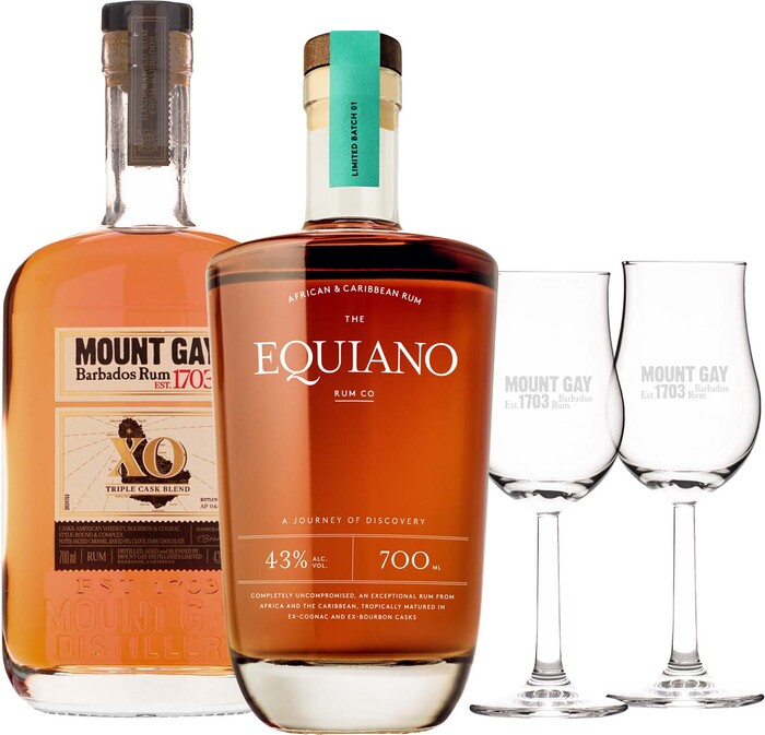 Set Mount Gay XO + Equiano Rum + 2 poháre