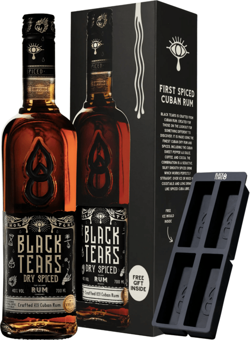 Black Tears Dry Spiced Rum in carton + ice mould