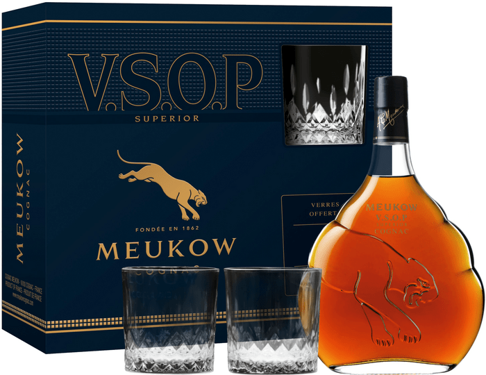 Meukow VSOP Superior + 2 glasses - damaged box