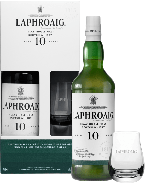 Laphroaig 10 Year Old with a glass