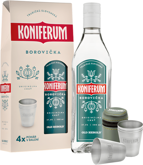 Koniferum Borovička 0,5l + 4 poháre