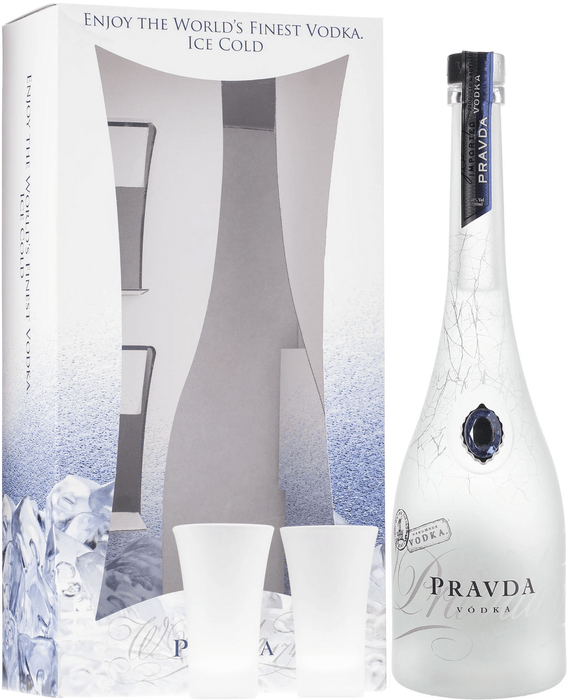 Pravda Vodka with 2 glasses - damaged box